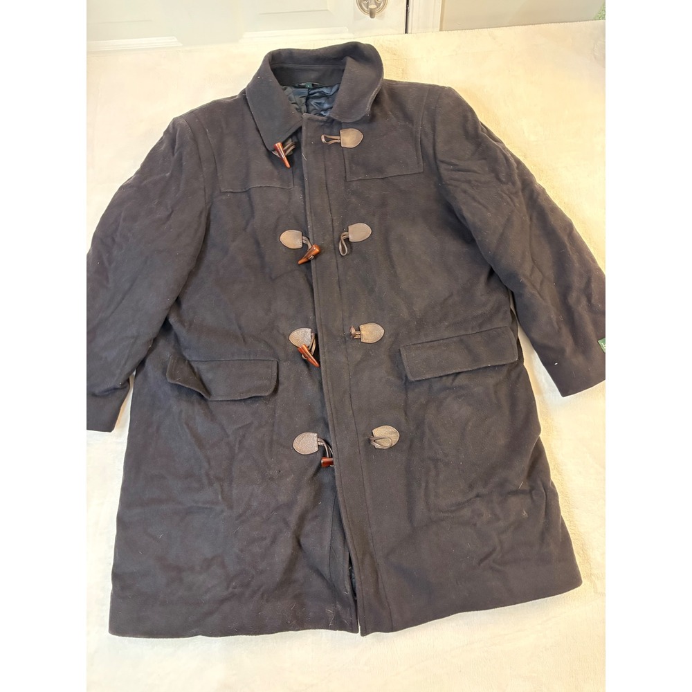 Ralph Lauren Black Wool Blend Toggle Duffle Coat Women's Size‎ L Quilted Lined